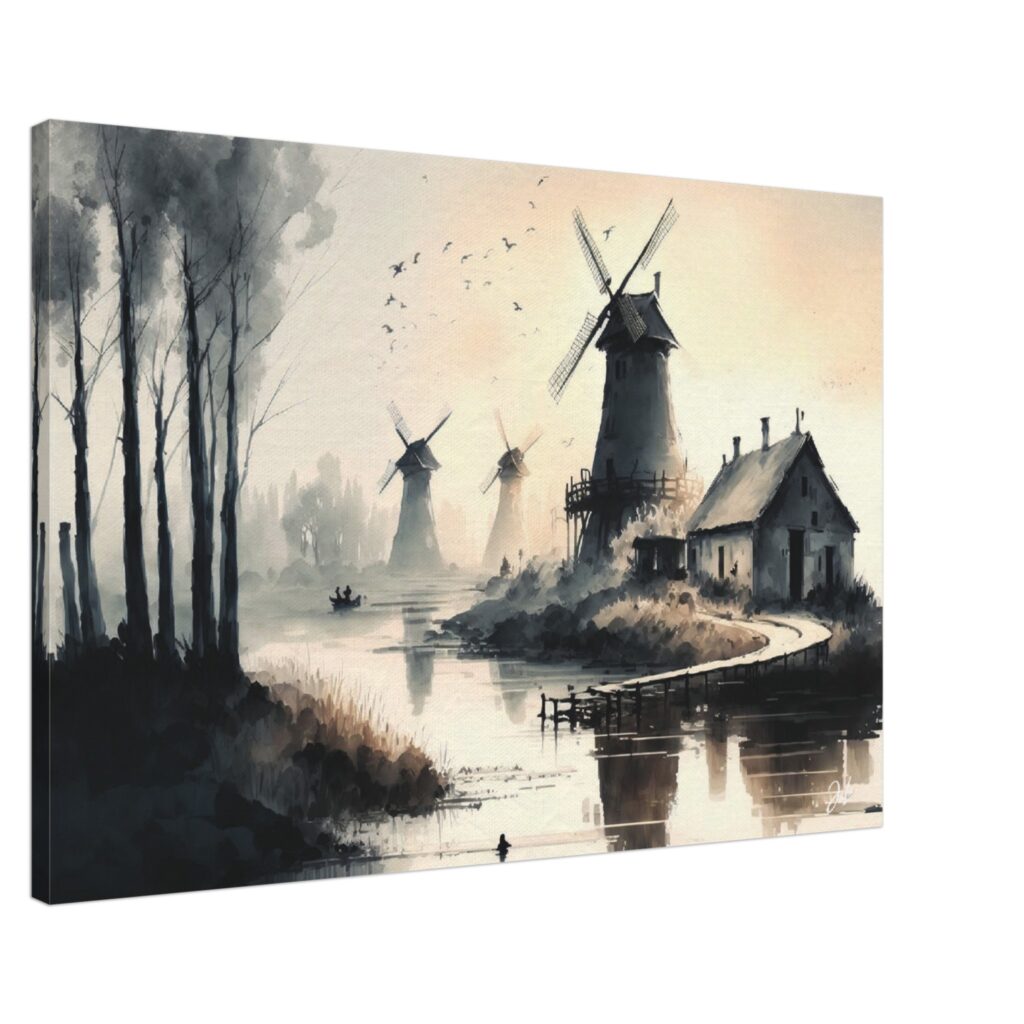 JoloCreative Wall Art Posters Prints Canvas Dutch landscape in Japanese Ink drawing style